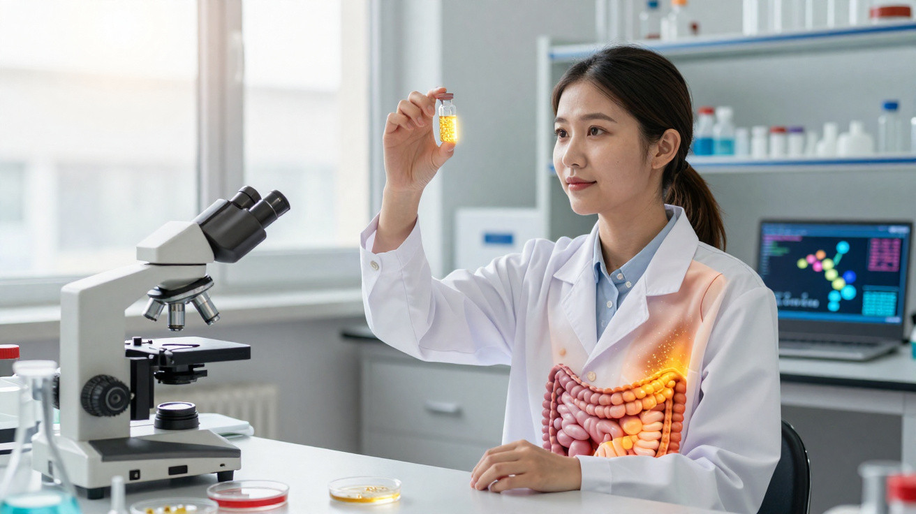 Cientista analisando amostra em laboratório com destaque gráfico do intestino humano no jaleco.