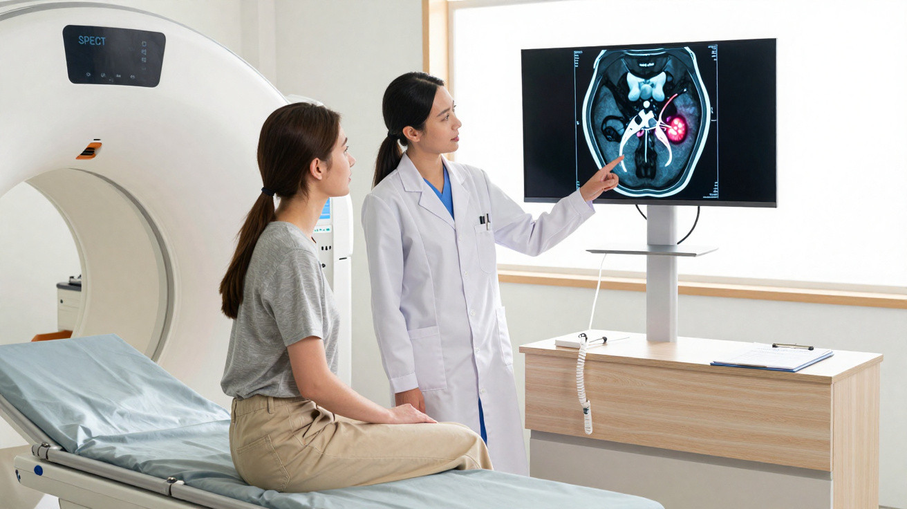 Médica mostra exame de imagem a paciente sentada em maca na sala de tomografia.