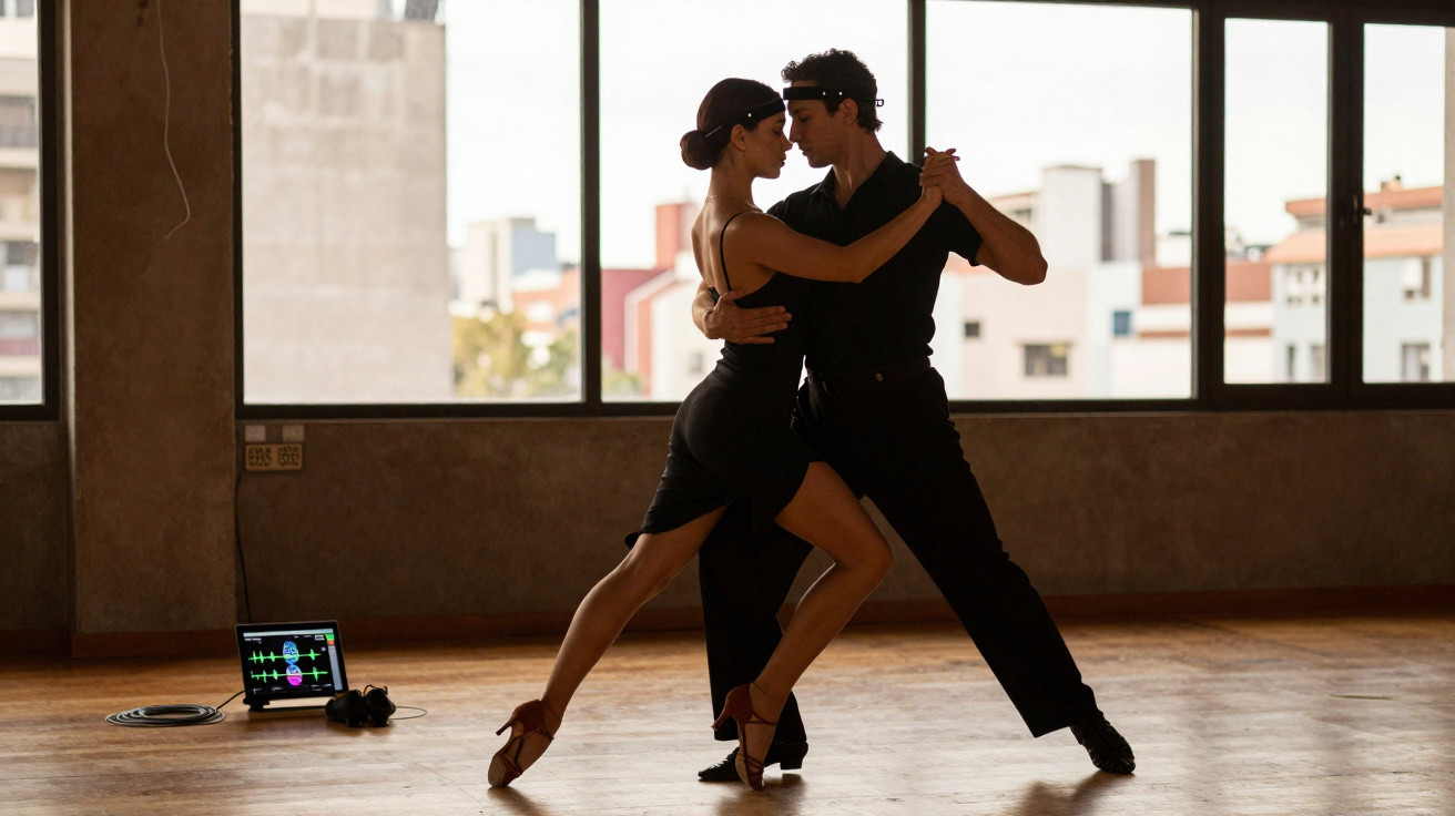 Casal dança tango em estúdio com janelas amplas e luz natural, ambos vestidos de preto.