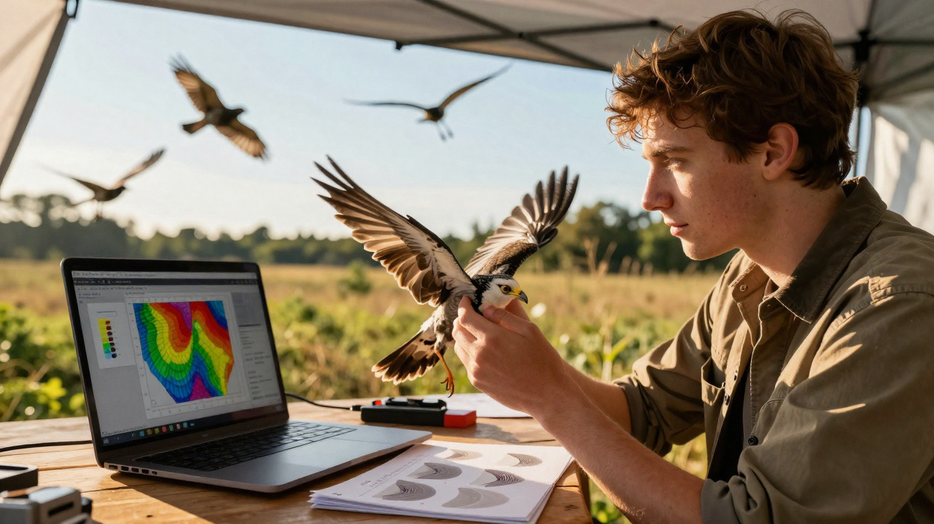 Jovem cientista segura passarinho enquanto monitora dados em laptop em área ao ar livre.