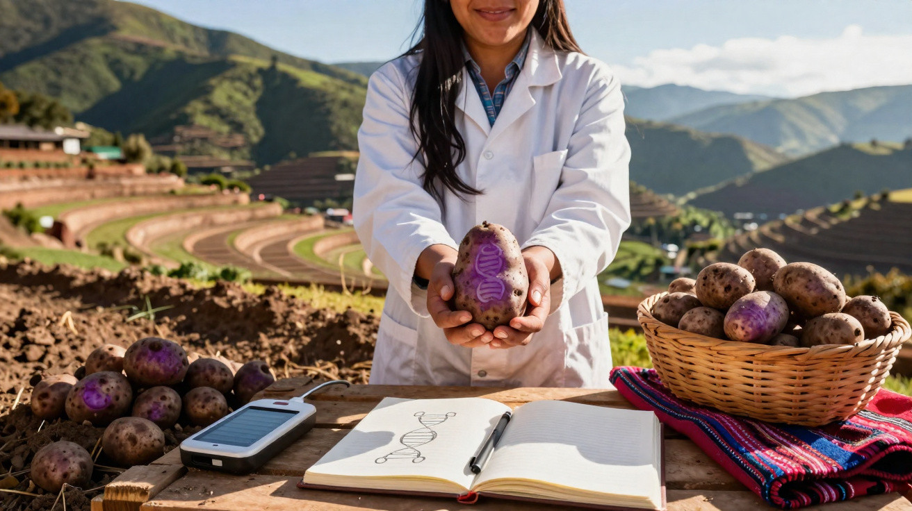 Mulher em jaleco branco segurando batata roxa com símbolo de DNA em campo agrícola montanhoso.