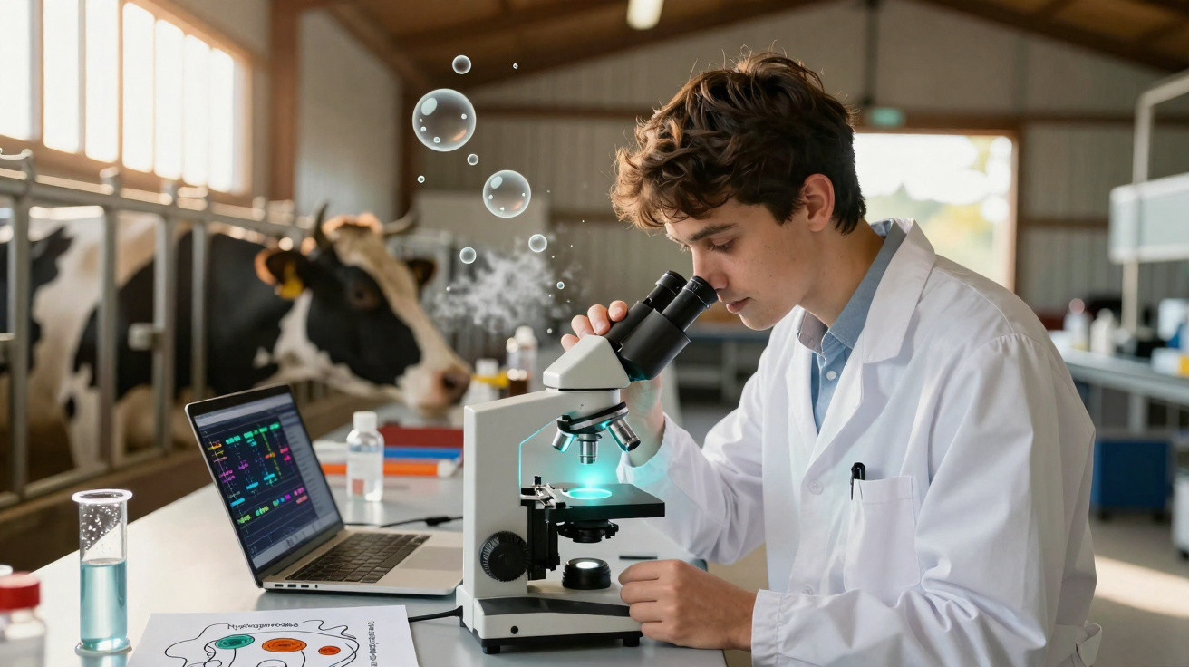 Jovem cientista em jaleco usando microscópio em laboratório agrícola com vaca ao fundo.