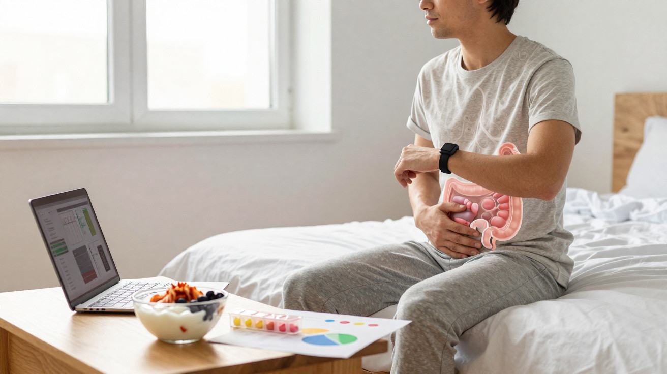 Homem sentado na cama segurando a barriga com dor, ao lado mesa com laptop, remédios e alimentos saudáveis.