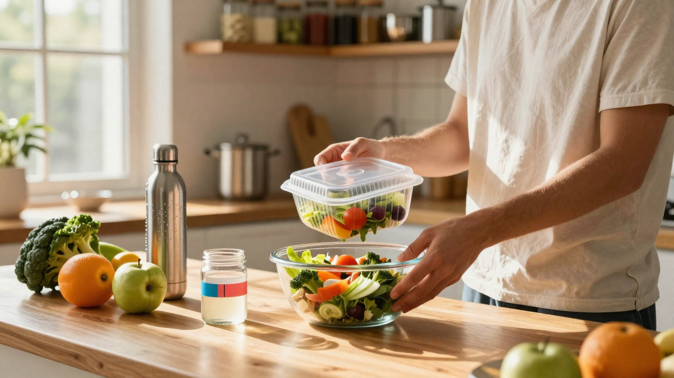 Pessoa preparando salada fresca com vegetais em recipiente transparente na cozinha iluminada.