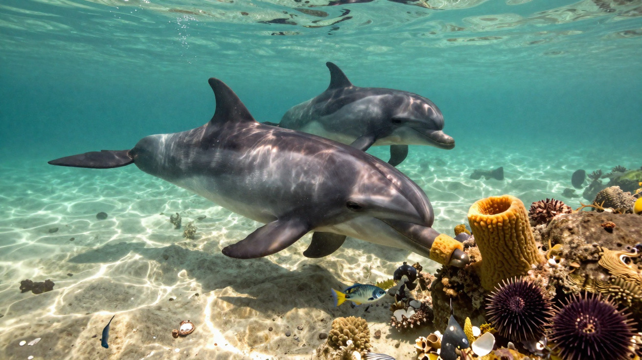 Dois golfinhos nadando próximos a corais coloridos e peixes em águas rasas claras.