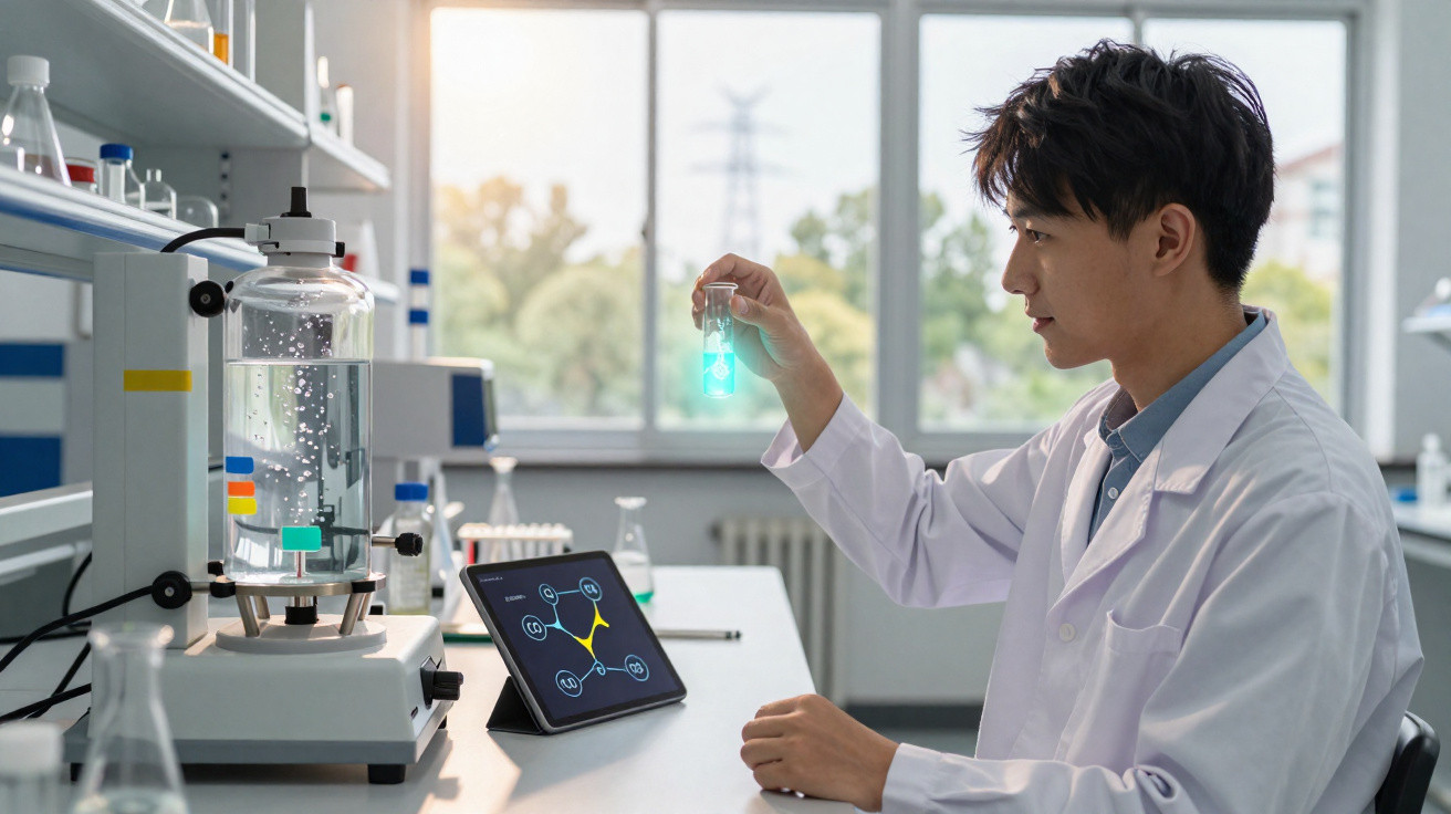 Cientista em laboratório segurando tubo de ensaio com líquido azul fluorescente e monitor digital ao lado.