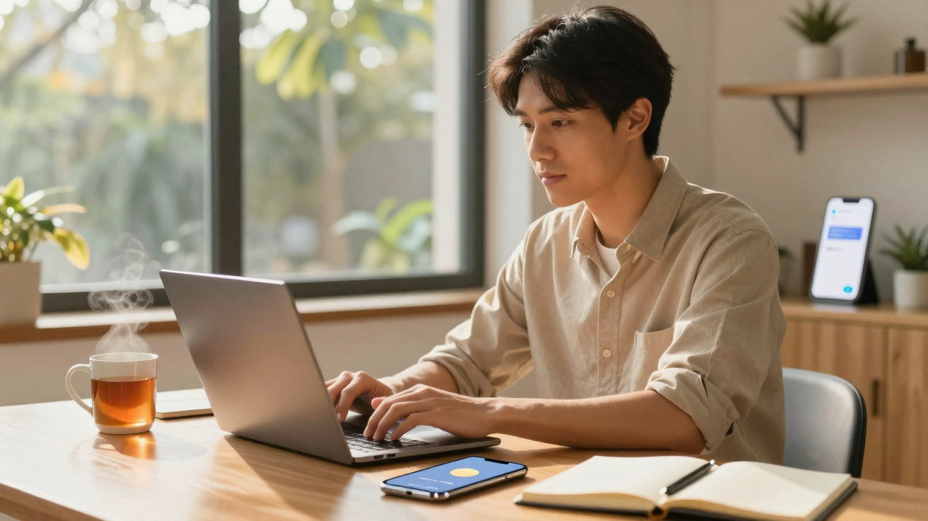 Jovem sentado em mesa iluminada pelo sol trabalhando em laptop com chá, celular e caderno à sua frente.