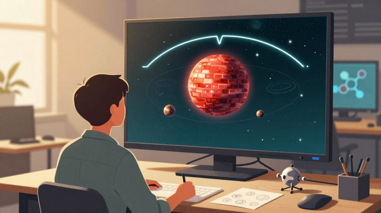 Pessoa olhando tela de computador com representação do planeta Marte e seus satélites em órbita.