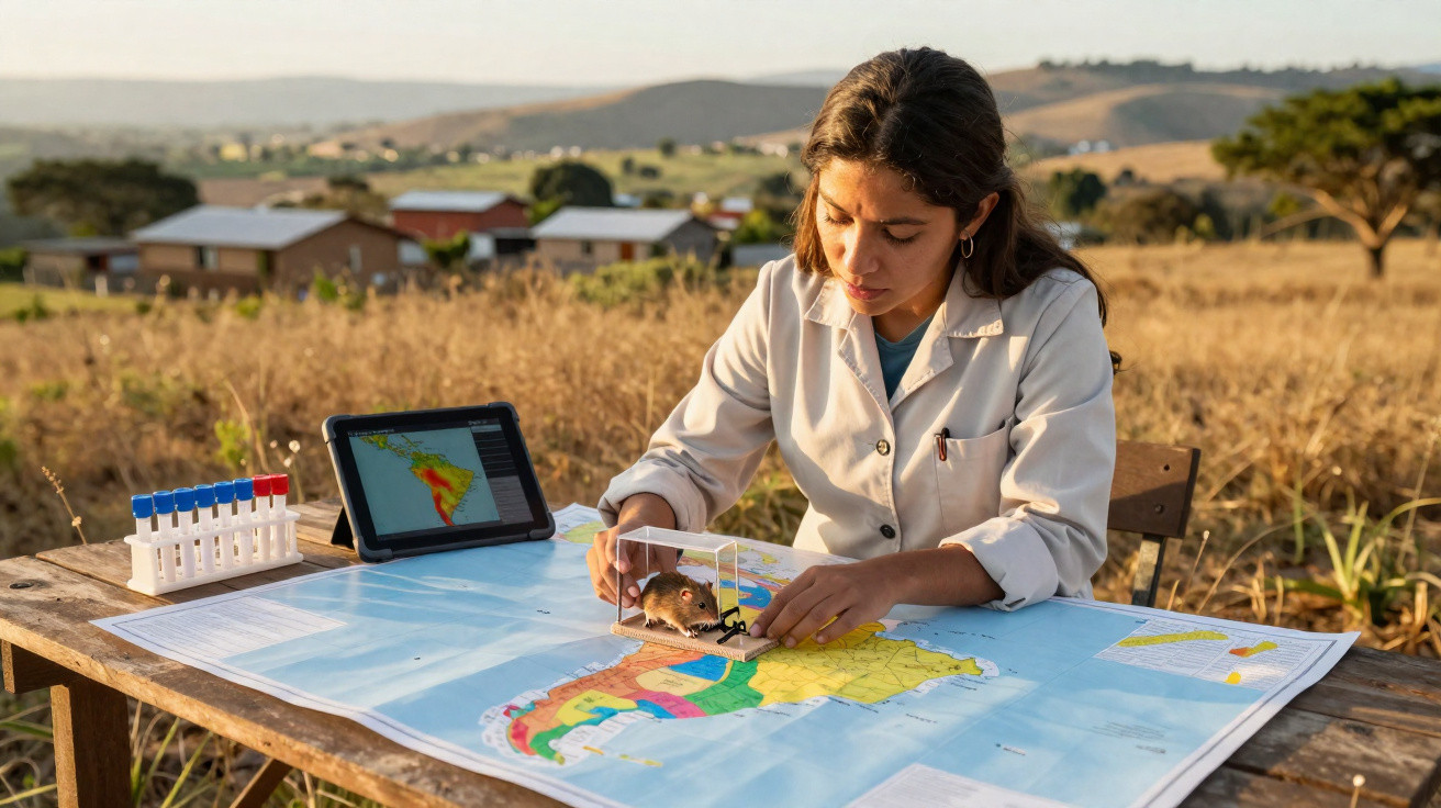 Mulher cientista analisa camundongo em gaiola sobre mapa geográfico em mesa ao ar livre.