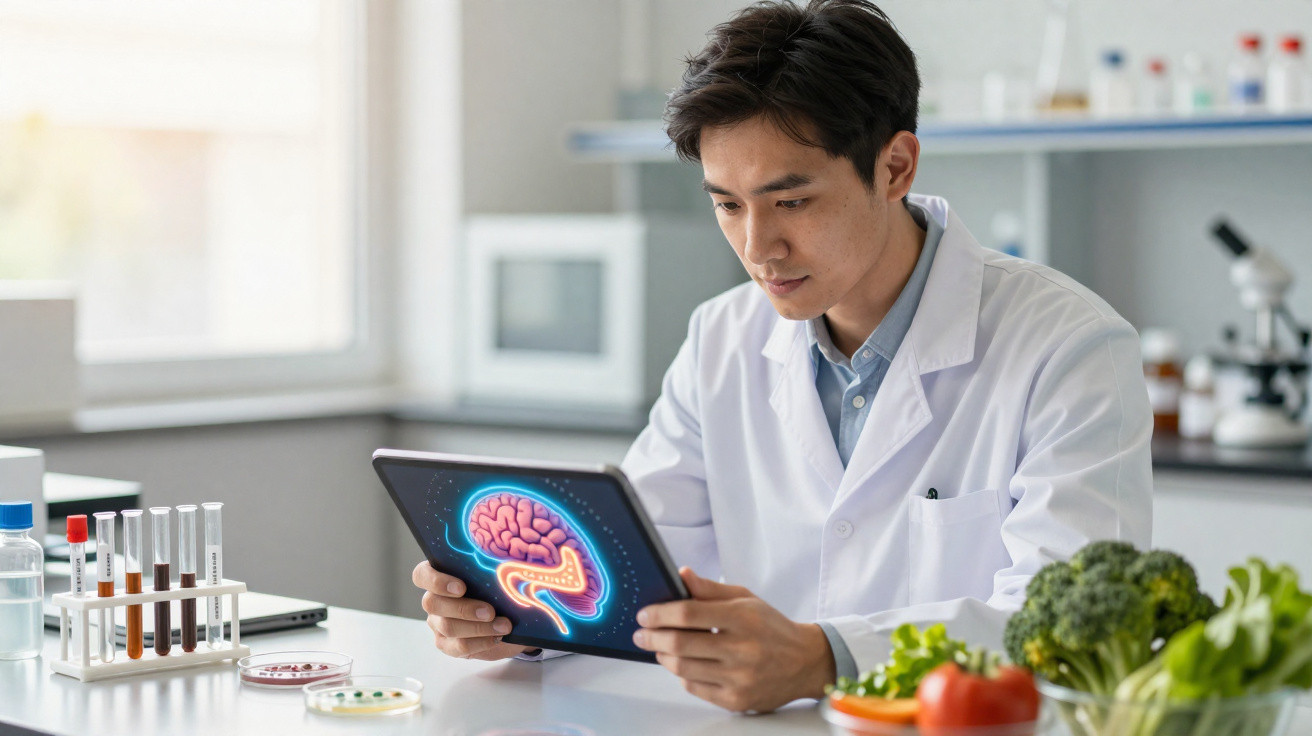 Cientista em laboratório analisando imagem digital do cérebro em um tablet, com alimentos saudáveis ao redor.