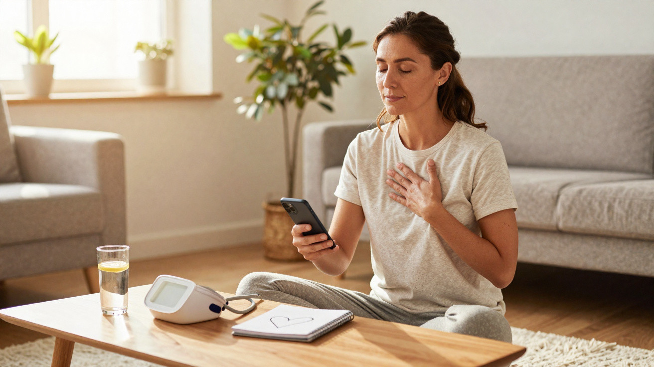 Mulher sentada no chão medindo a pressão arterial em casa, usando celular e com expressão tranquila.