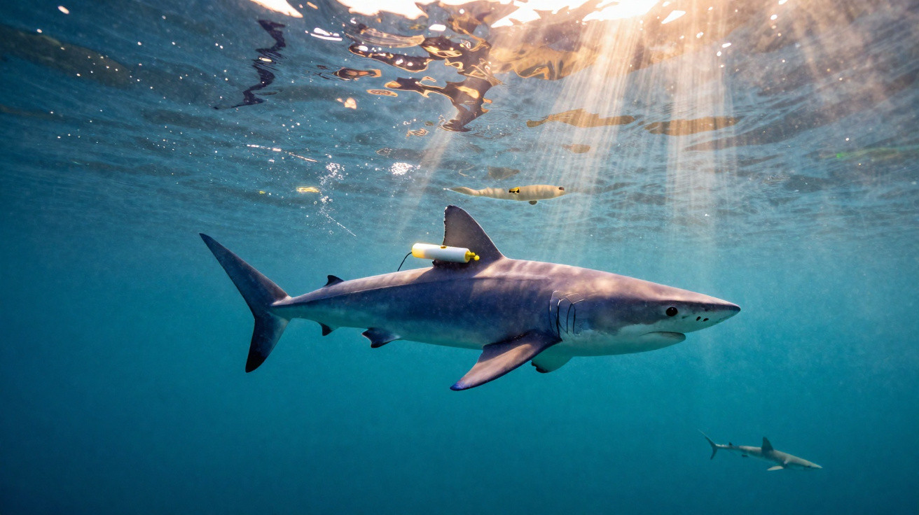 Tubarão azul nadando em águas claras com luz solar penetrando na superfície do mar.