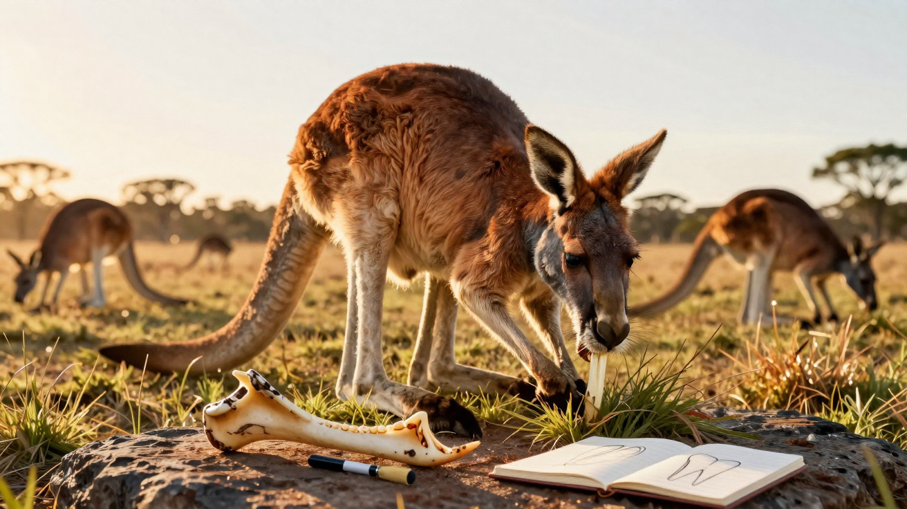 Canguru em campo aberto investigando um livro aberto e um osso sobre uma pedra ao amanhecer.