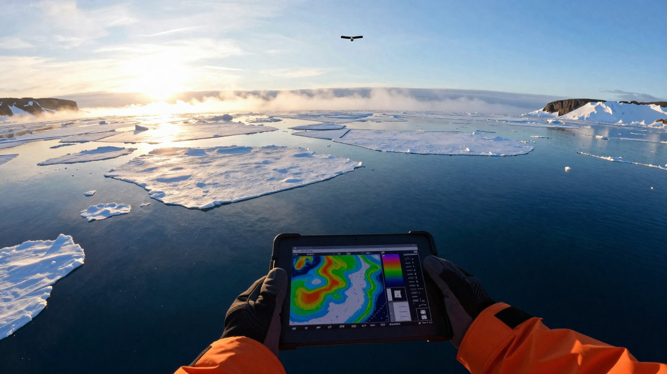 Mãos com luvas seguram tablet com mapa digital acima de águas geladas com blocos de gelo ao pôr do sol.