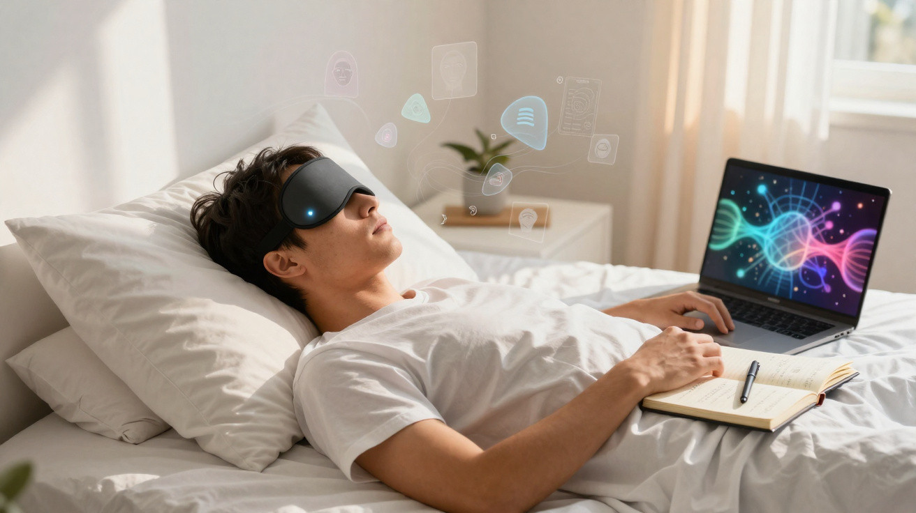 Jovem deitado na cama usando máscara de sono tecnológica com laptop aberto e livro com caneta.