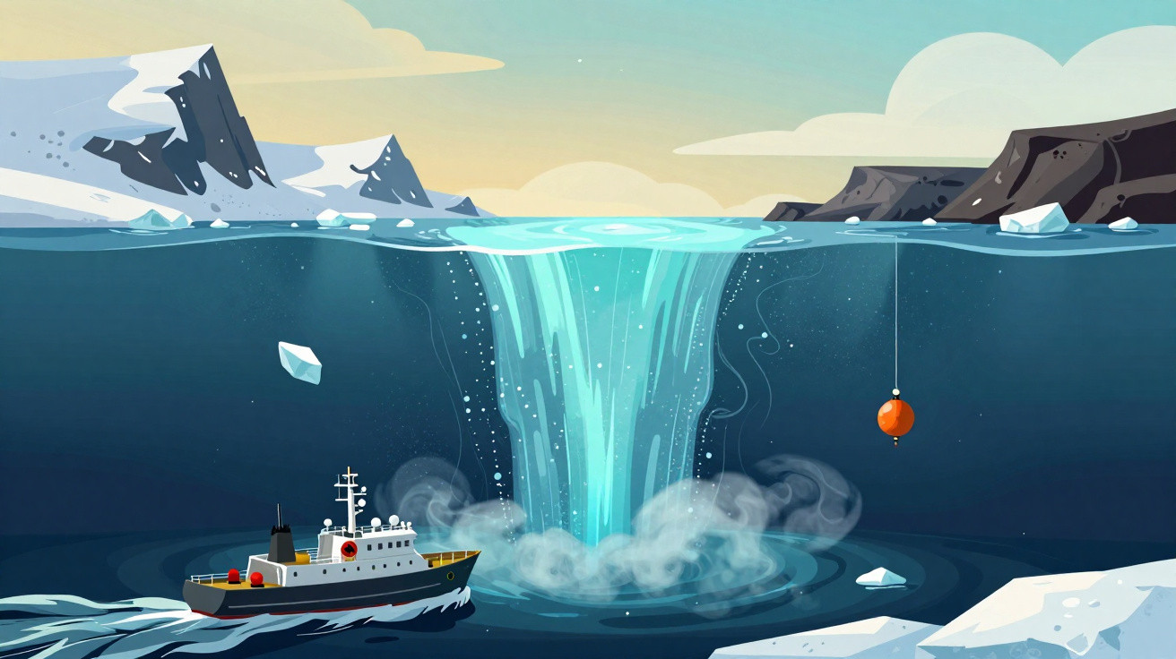 Ilustração de navio próximo a um redemoinho gigante no mar congelado com icebergs ao redor.