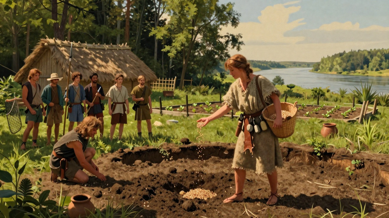Pessoa semeando grãos em terreno arado, com grupo observando, em cenário rural próximo a rio e cabana.