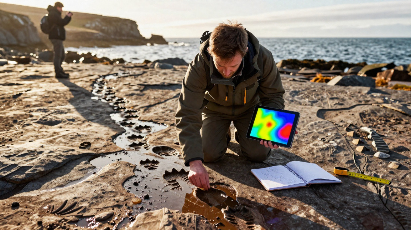 Pesquisador analisa pegadas fossilizadas na rocha com tablet e caderno à beira-mar.