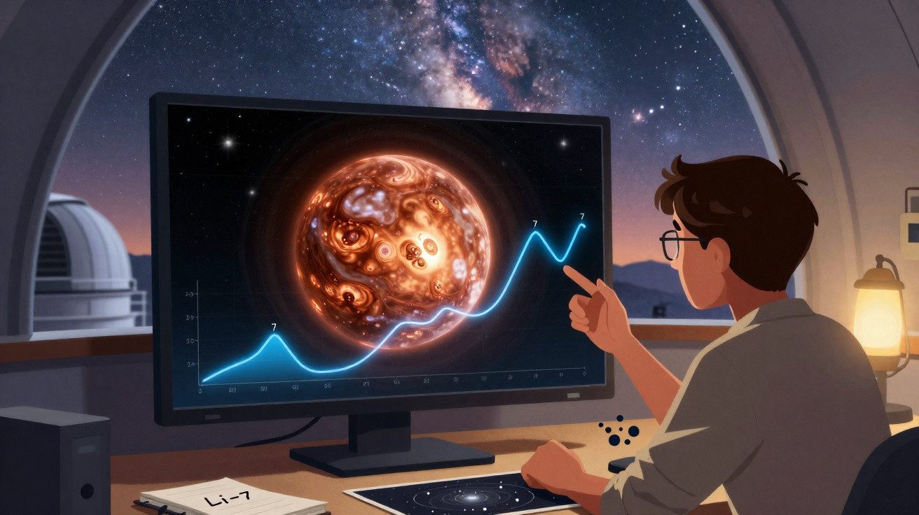 Pessoa observando gráfico e planeta alienígena em monitor com observatório e céu estrelado ao fundo.