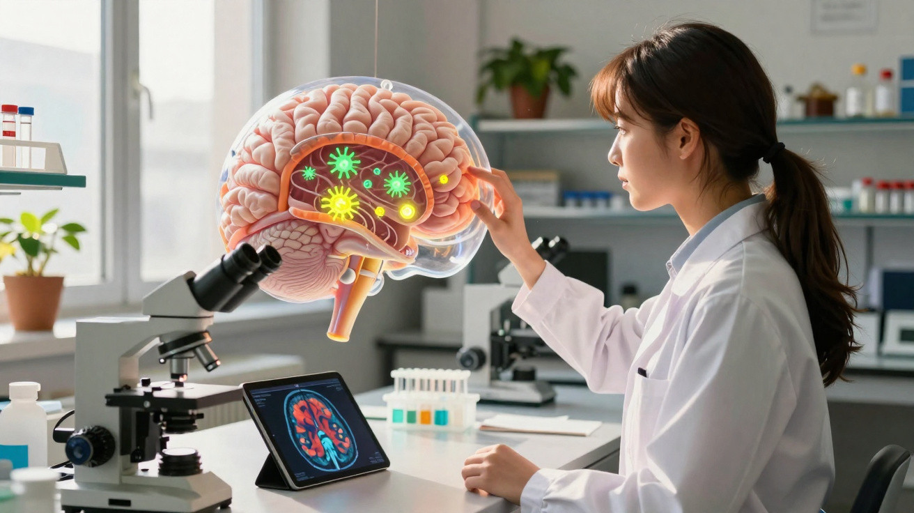 Cientista mulher analisando modelo 3D de cérebro com vírus em laboratório moderno e equipamentos científicos.