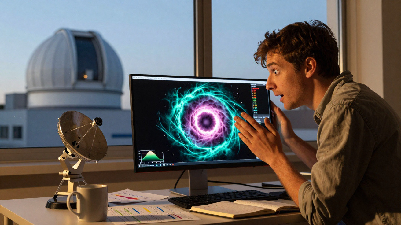Jovem observa empolgado imagem colorida de fenômeno cósmico na tela de computador em escritório com telescópio à janela.