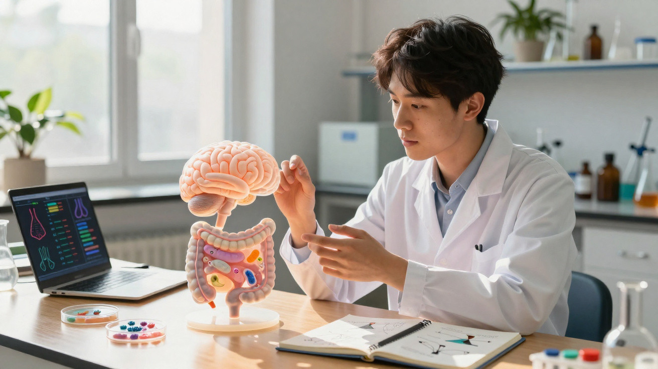 Pesquisador com jaleco branco analisa modelo anatômico do cérebro e intestinos em laboratório moderno.
