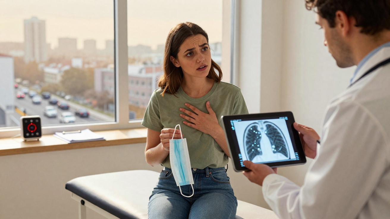 Paciente mulher preocupada segura máscara e conversa com médico que mostra raio-x de pulmão em tablet.