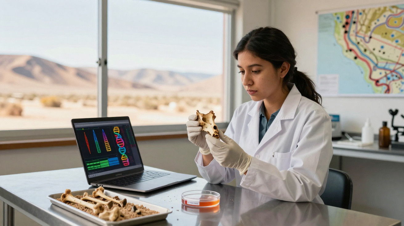 Mulher cientista analisando osso em laboratório com notebook exibindo análise de DNA ao fundo.