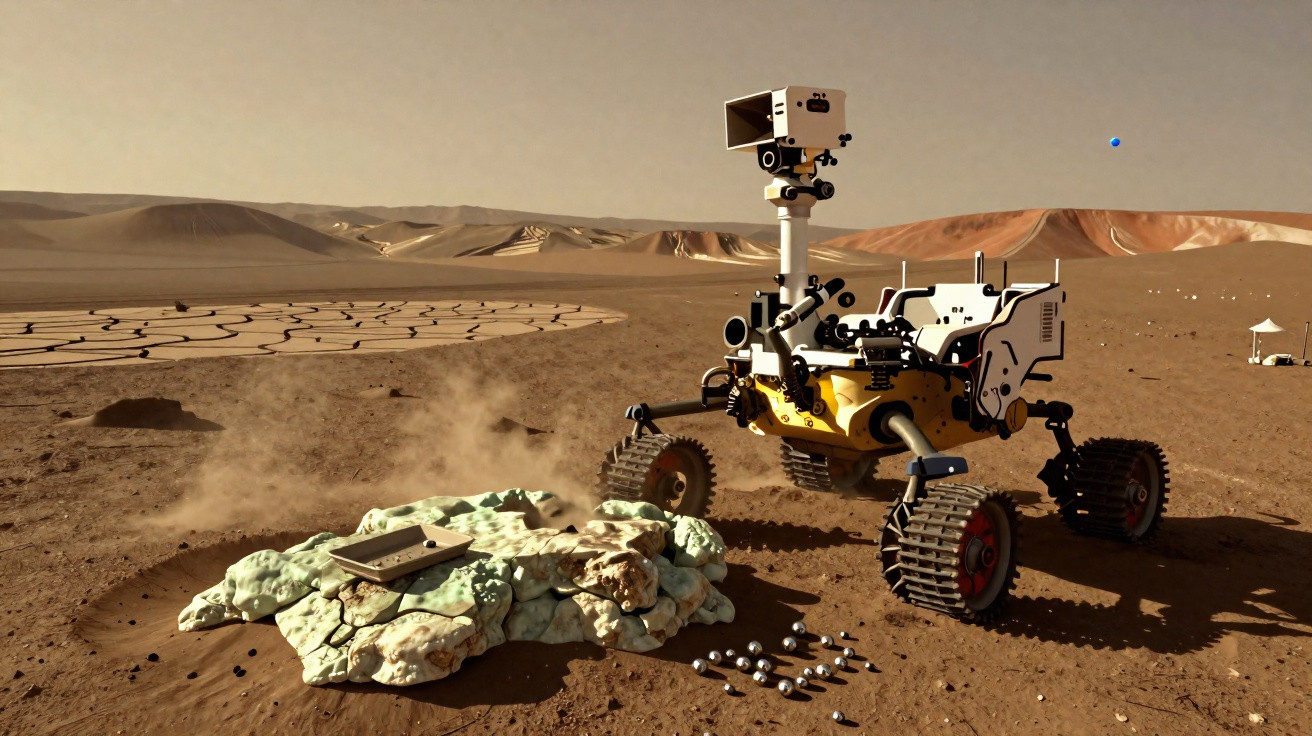 Rover exploratório em solo marciano analisando rocha com depósito de esferas metálicas ao redor.