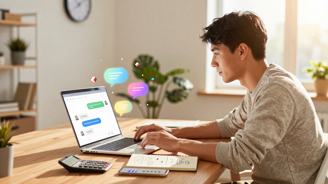 Jovem sentado à mesa usando laptop para trocar mensagens, com calculadora, celular e caderno ao lado.