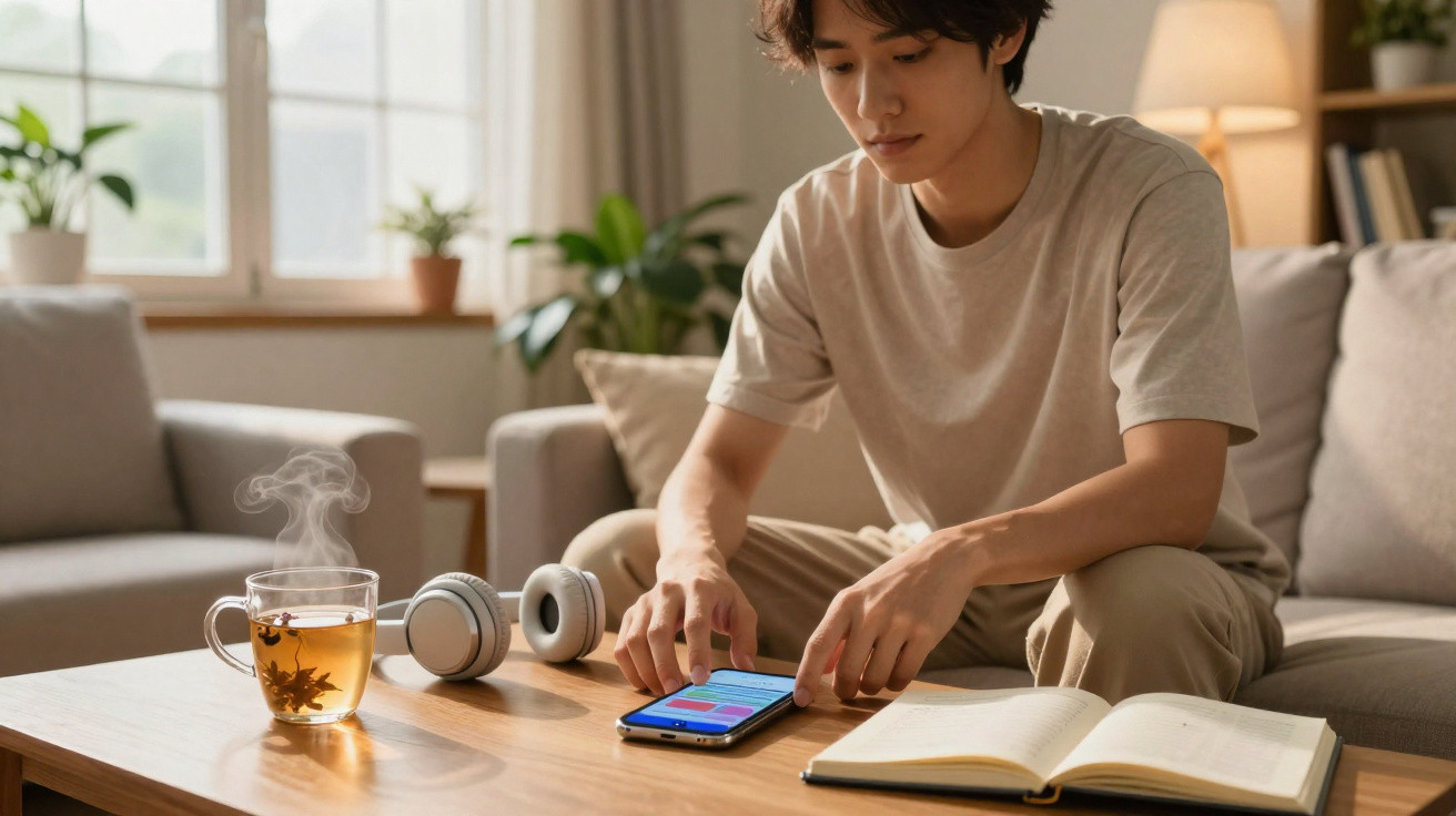 Jovem sentado no sofá usando celular, com fones, livro aberto e xícara de chá fumegante na mesa.