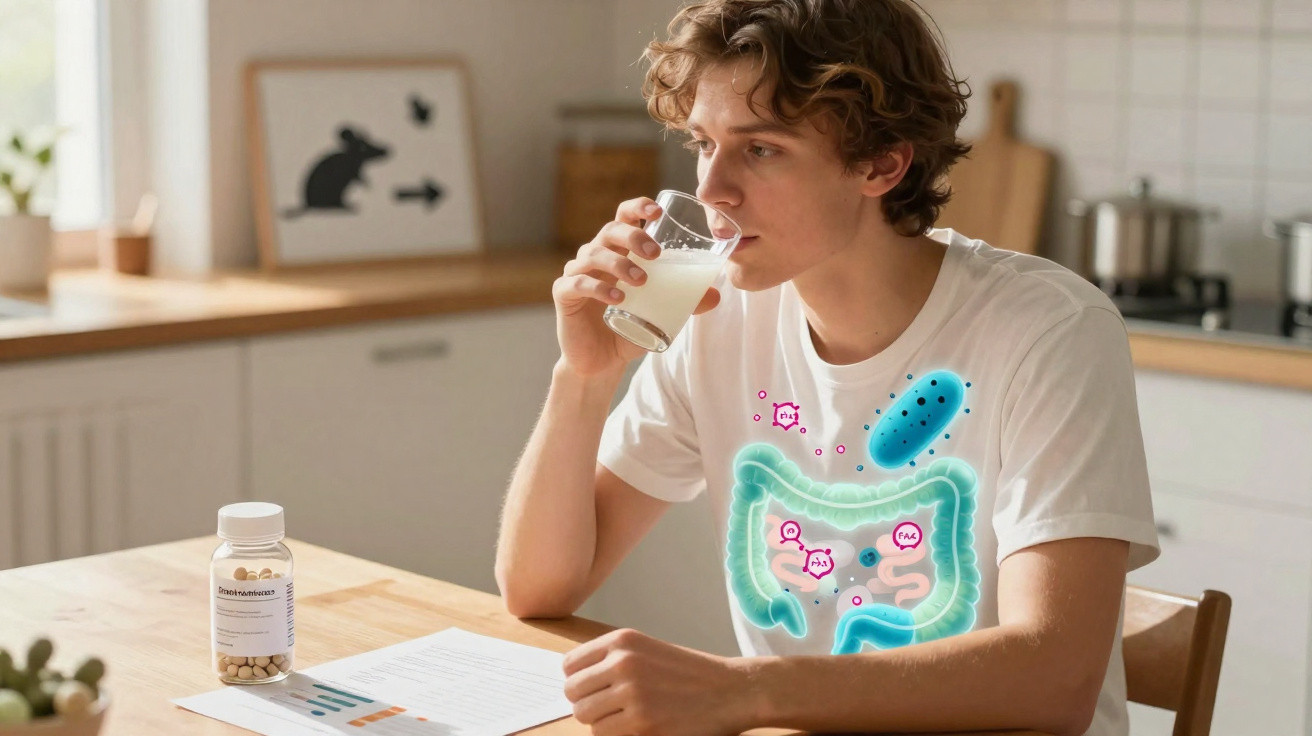 Homem bebendo leite sentando à mesa com ilustração digital do sistema digestivo sobreposta no corpo.