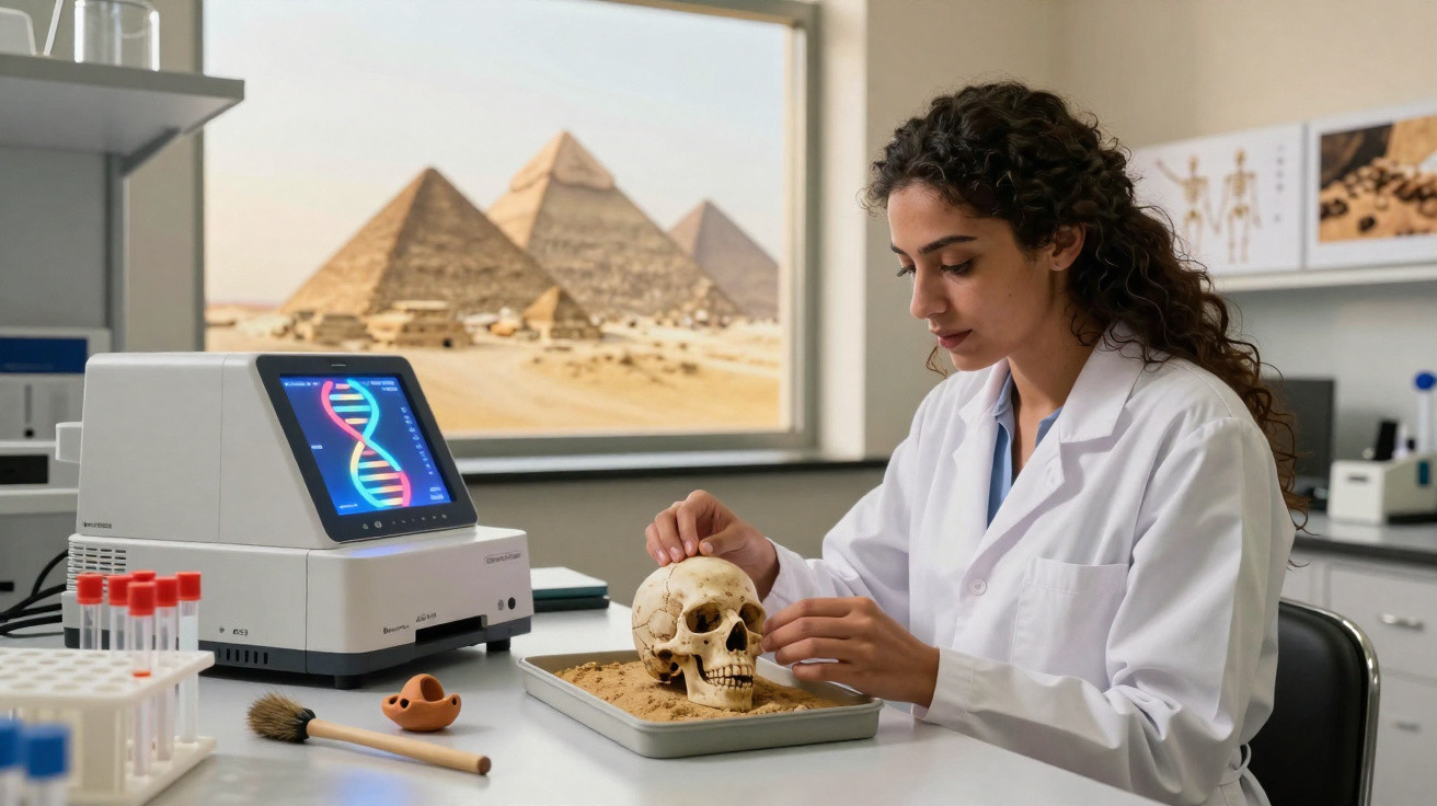 Mulher cientista em laboratório analisando um crânio humano com pirâmides visíveis pela janela.