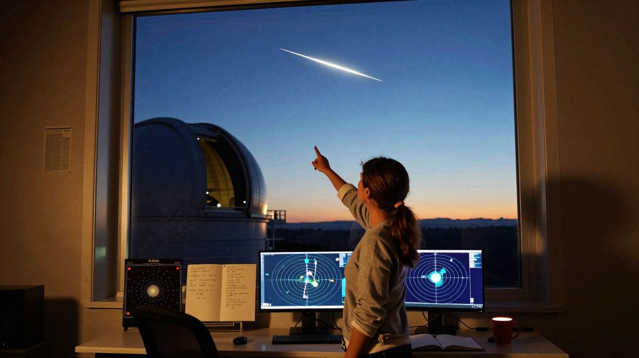 Pessoa aponta para meteoro visível pela janela de um observatório astronômico durante o crepúsculo.