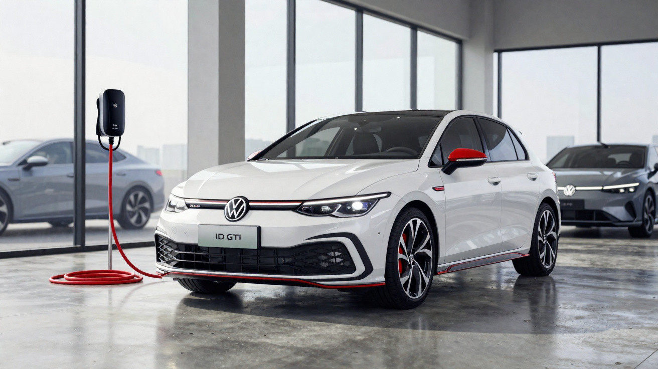 Carro elétrico branco Volkswagen ID GTI carregando em estação de energia em ambiente interno moderno.
