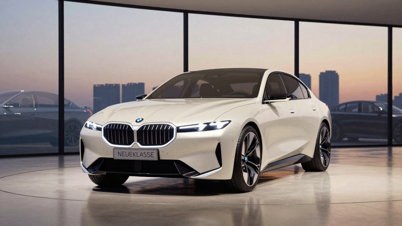 Carro branco BMW Neuer Klasse estacionado em ambiente interno com janelas grandes ao fundo.