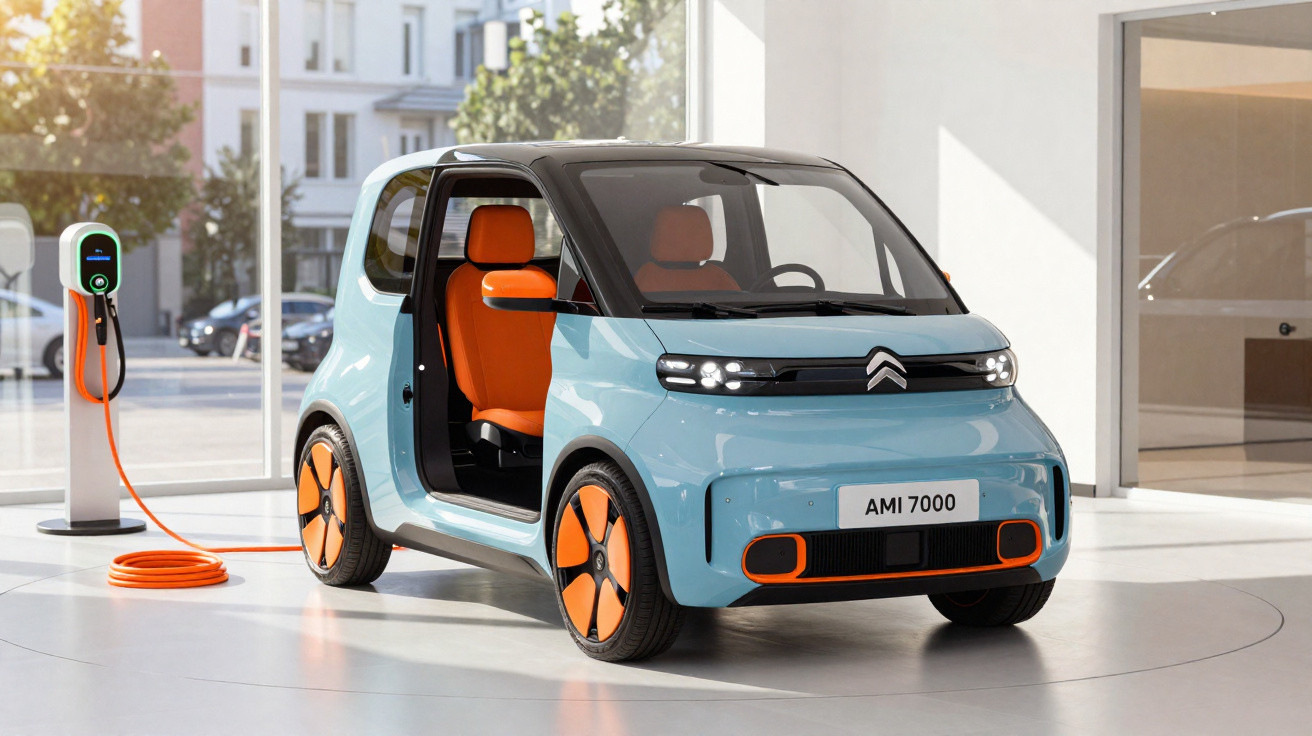 Carro elétrico compacto Citroën AMI 7000 azul e laranja carregando em estação dentro de showroom moderno.