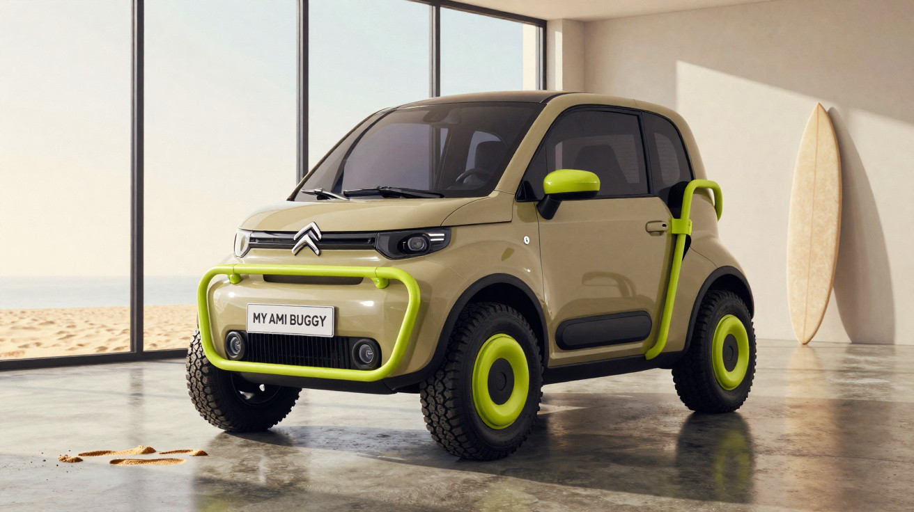 Carro compacto Citroën My Ami Buggy verde com detalhes amarelo-limão em ambiente interno com janela para praia e prancha de s