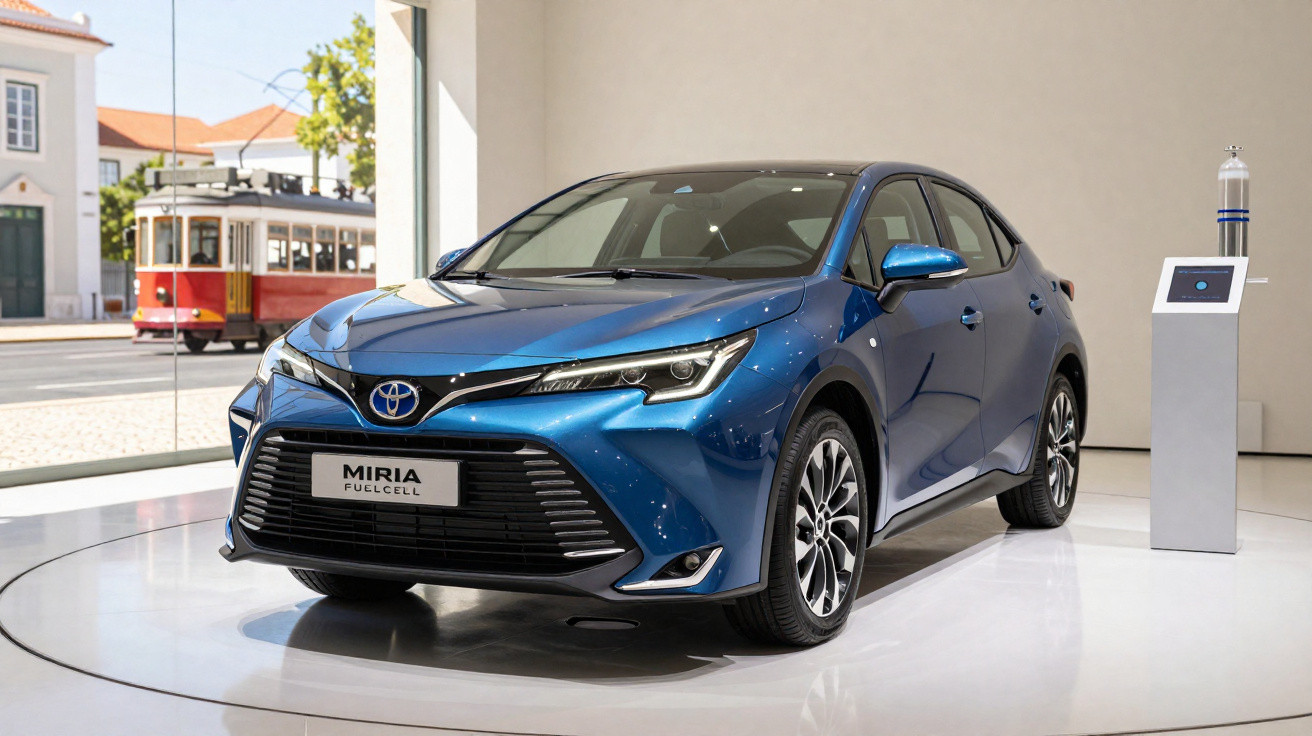 Carro Toyota Mirai Fuel Cell azul exposto em sala com tela de informações e bonde ao fundo.