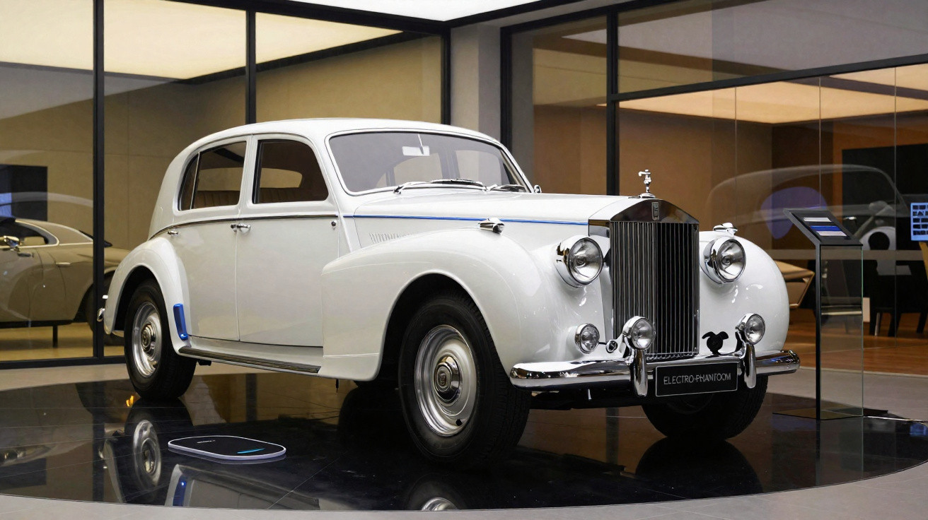 Carro clássico branco exibido em espaço moderno com paredes de vidro, placa "Electro-Phantom".
