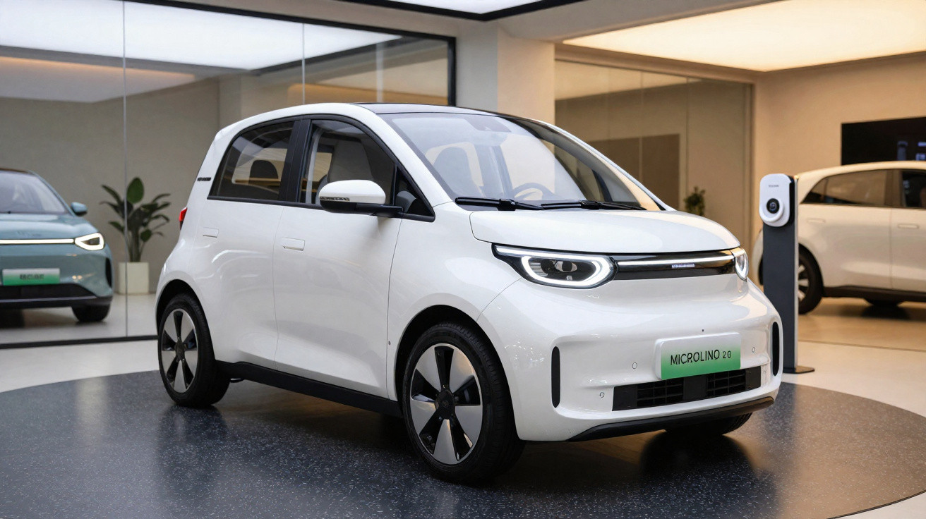 Carro elétrico branco Microlino 2.0 em exposição interna com design compacto e moderno.