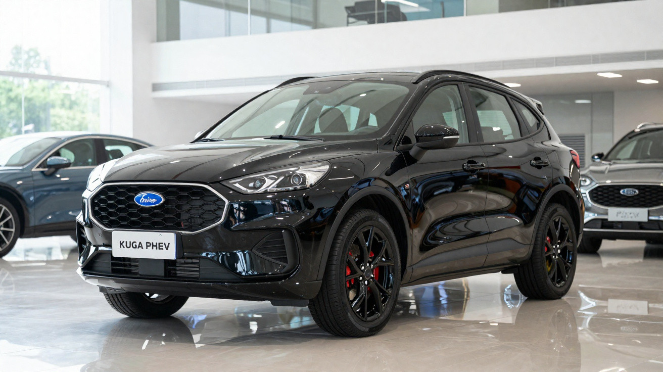 Ford Kuga PHEV preto exibido em showroom moderno com piso brilhante e iluminação natural.