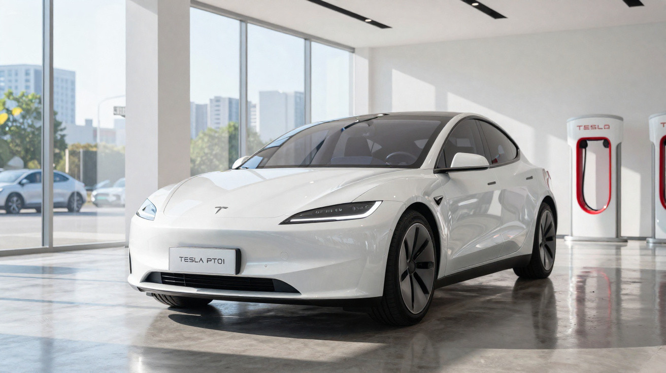 Carro elétrico Tesla branco estacionado em showroom com pontos de recarga ao fundo.