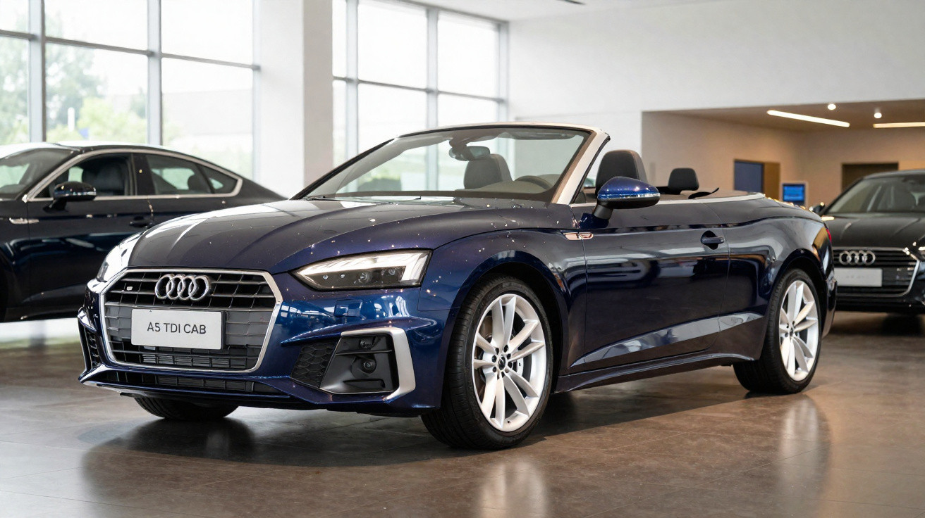 Carro conversível Audi A5 TDI CAB azul escuro em showroom com iluminação natural.