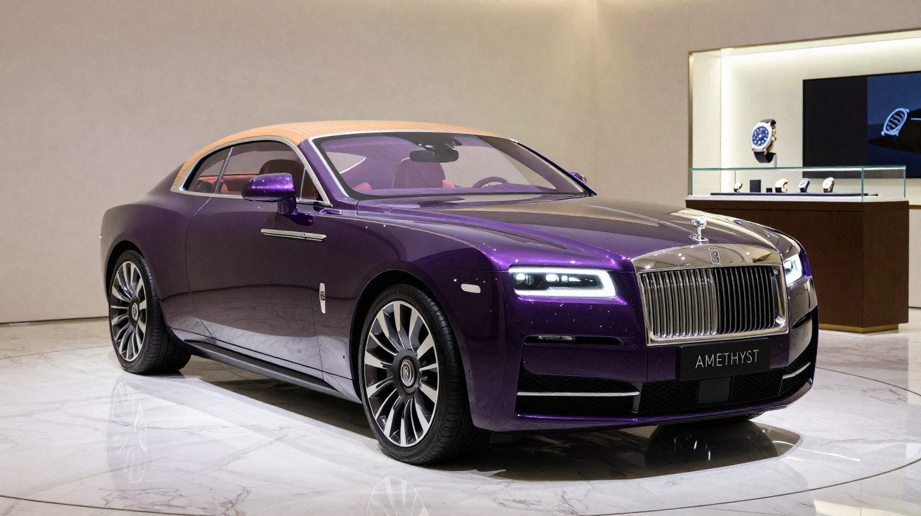 Carro de luxo Rolls-Royce modelo Amethyst roxo exposto em ambiente interno moderno.