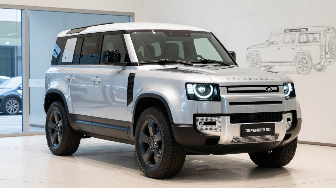 SUV prata Land Rover Defender 90 estacionado dentro de showroom moderno com desenho na parede.