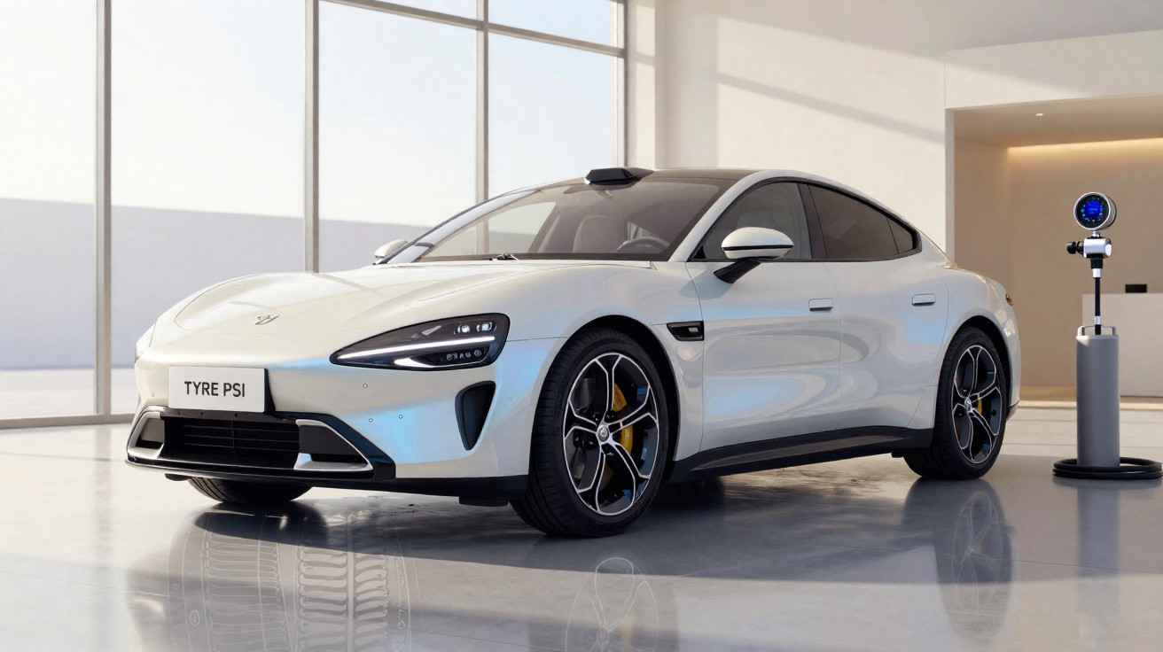 Carro elétrico branco moderno estacionado em ambiente interno com piso reflexivo e máquina de medição ao lado.