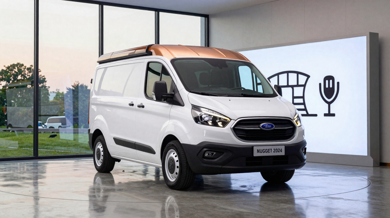 Van branca Ford Nugget 2024 com teto marrom em showroom com paredes de vidro.