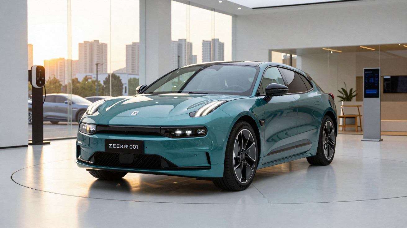 Carro elétrico Zeekr 001 verde em exposição em ambiente moderno com iluminação natural ao pôr do sol.