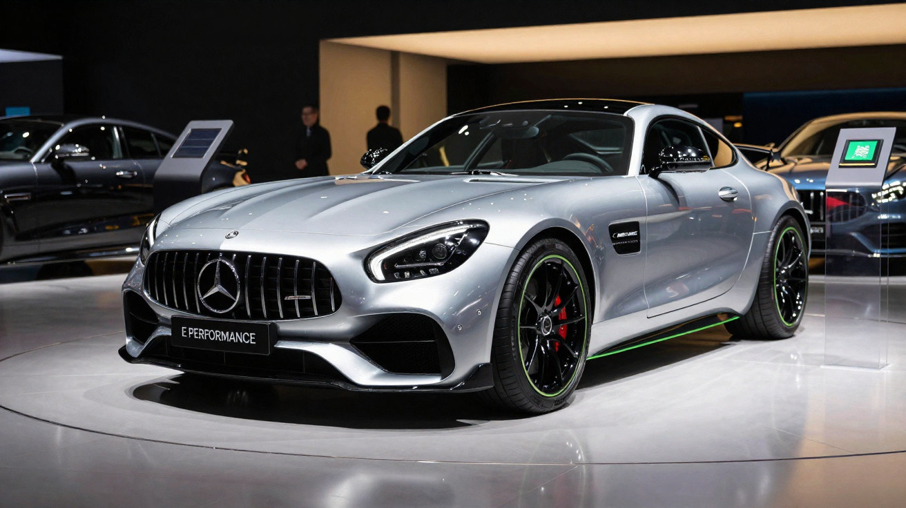 Carro esportivo Mercedes-Benz AMG prata exibido em evento, com iluminação e pedestal branco.